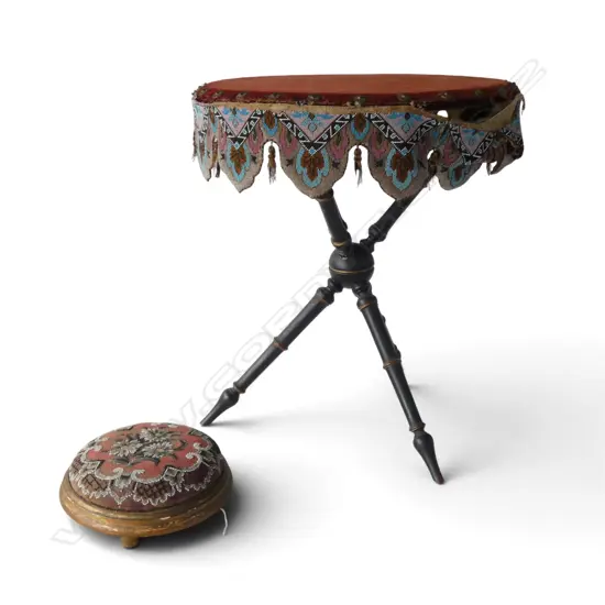 VICTORIAN SIDE TABLE w. BEADED TRIM AF, 575mm dia + BEADED FOOTSTOOL