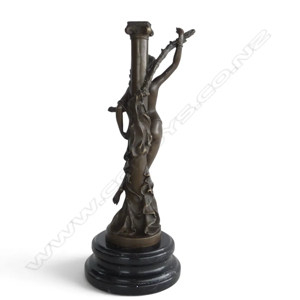 Contemporary antique style bronze of a captive nymph. The maiden tied to a column. On black marble base. H.355mm. Image 1++