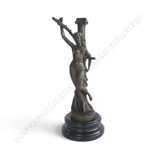 Contemporary antique style bronze of a captive nymph. The maiden tied to a column. On black marble base. H.355mm.
