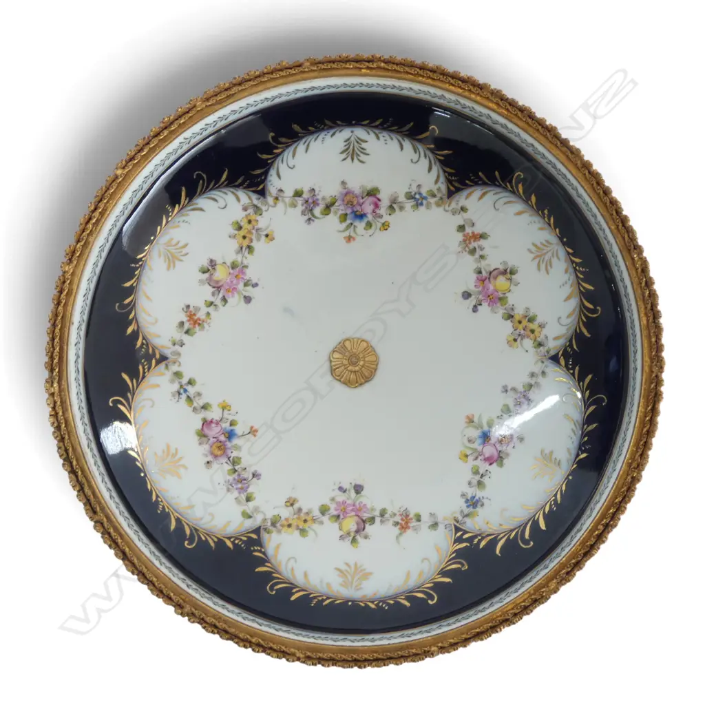 LG COMPORT; HAND PAINTED PORCELAIN BOWL ON GILT METAL BASE H.295mm, 350mm dia Image 1++