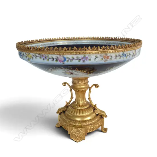 LG COMPORT; HAND PAINTED PORCELAIN BOWL ON GILT METAL BASE H.295mm, 350mm dia