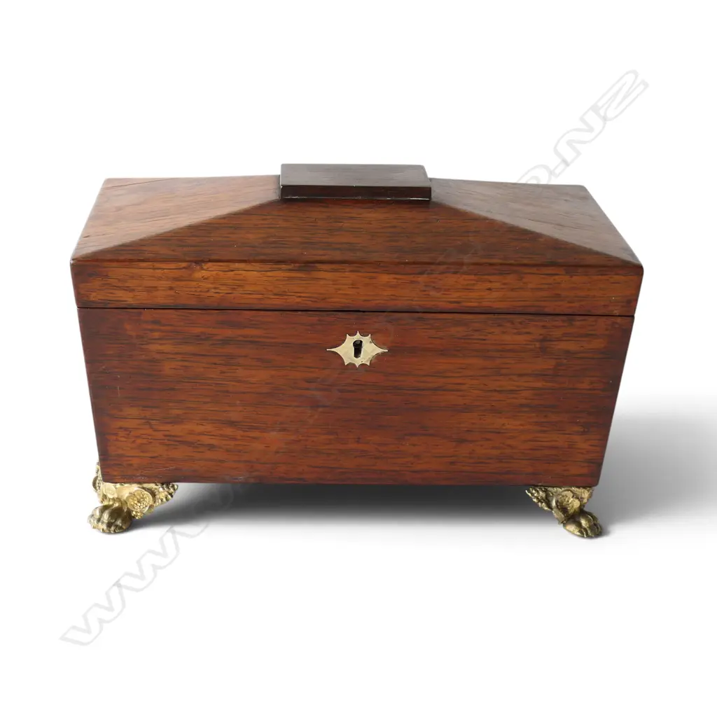 ANTIQUE MAHOGANY TEA CADDY w. LATER BRASS FEET W.300mm Image 1++