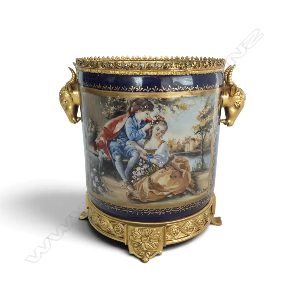 SEVRES STYLE CACHE POT / WINE CHILLER w. RAMS HEAD HANDLES & HAND PAINTED DECORATION H.270mm Image 1++
