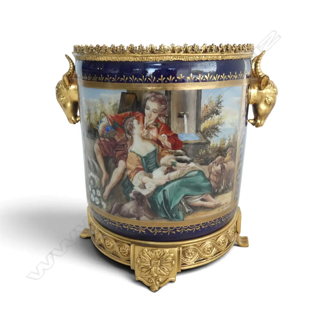 SEVRES STYLE CACHE POT / WINE CHILLER w. RAMS HEAD HANDLES & HAND PAINTED DECORATION H.270mm Image 1++