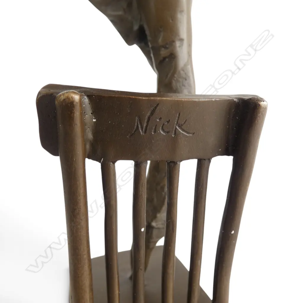 Contemporary bronze of a ballerina dancer on a chair in dynamic pose. The chair signed 'Nick'. H.485mm. Image 1++