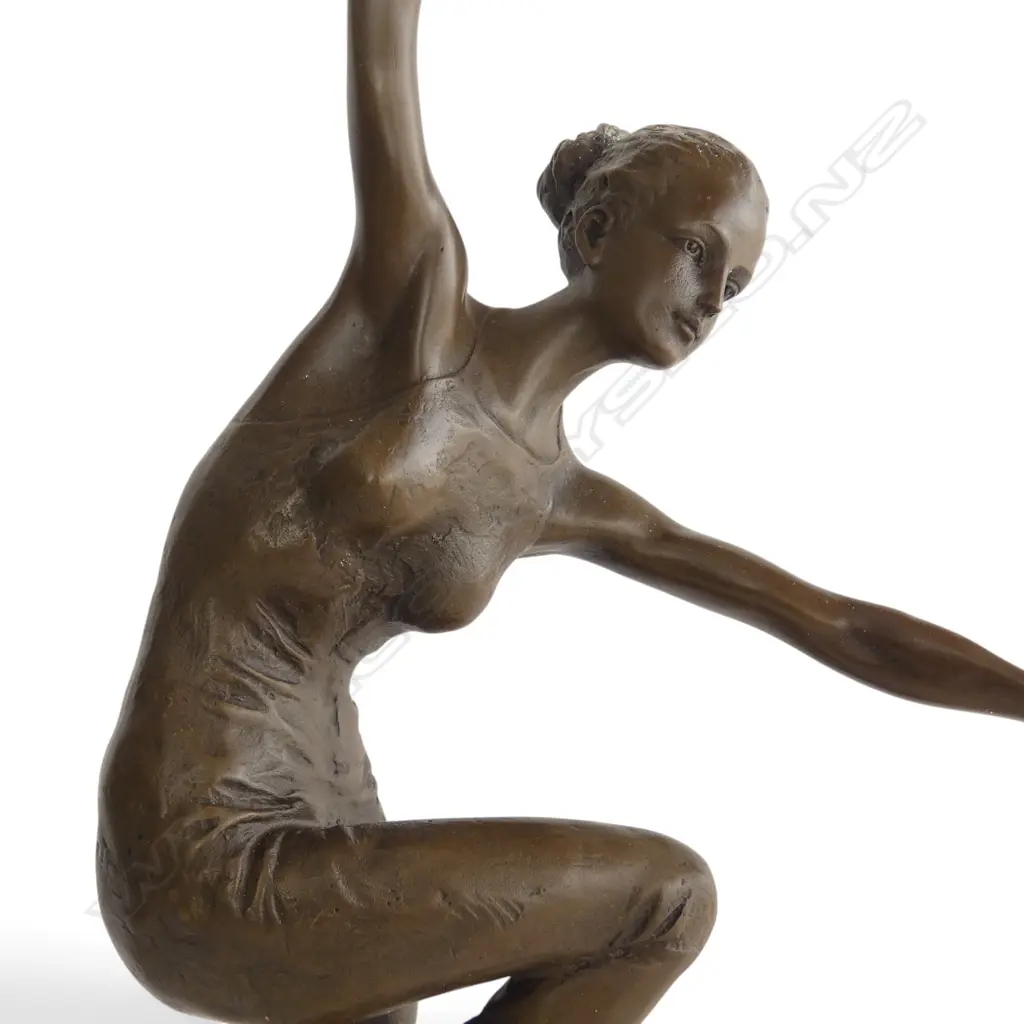 Contemporary bronze of a ballerina dancer on a chair in dynamic pose. The chair signed 'Nick'. H.485mm. Image 1++