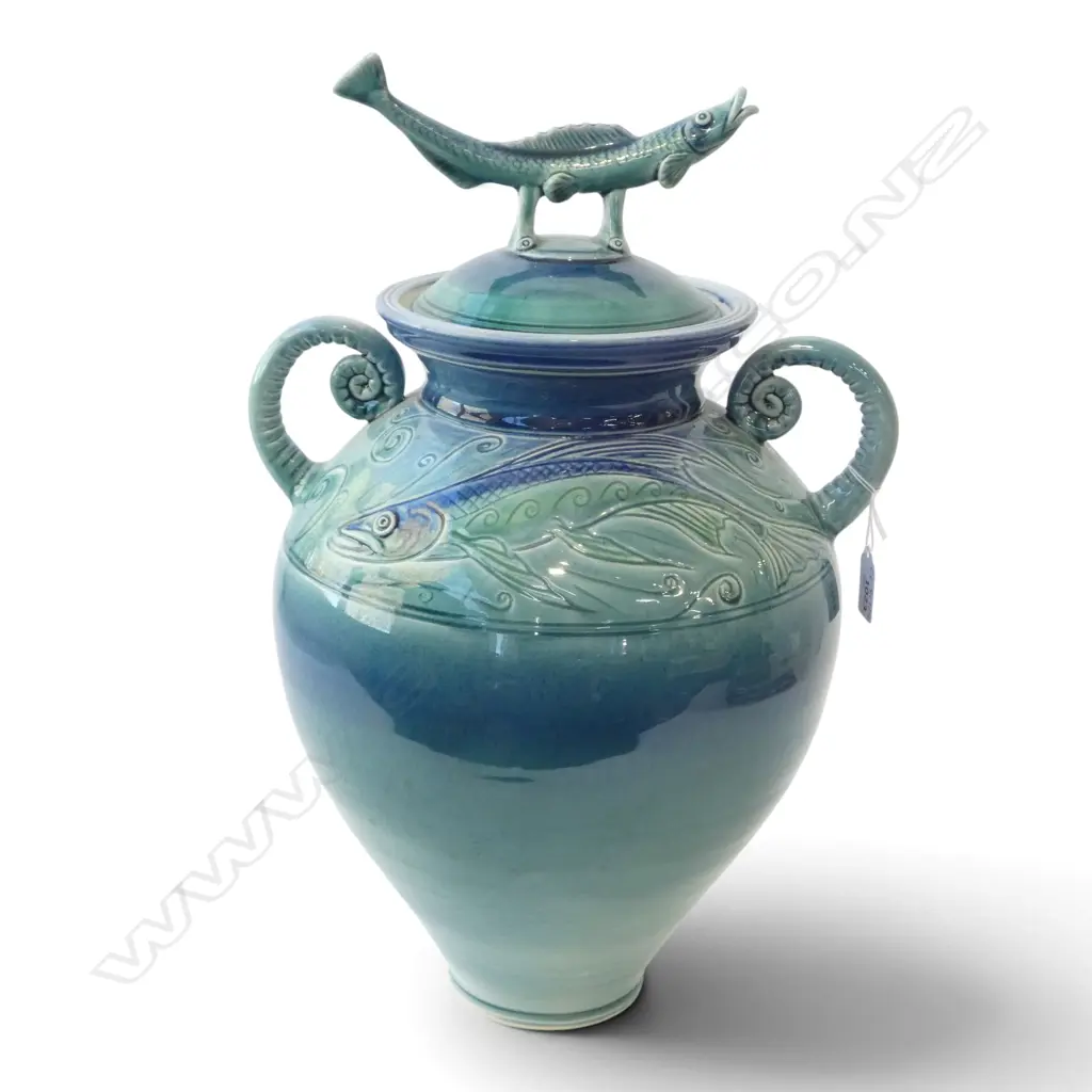 ALAN BALLARD STUDIO POTTERY LIDDED VASE w. FISH DESIGN H.490mm Image 1++