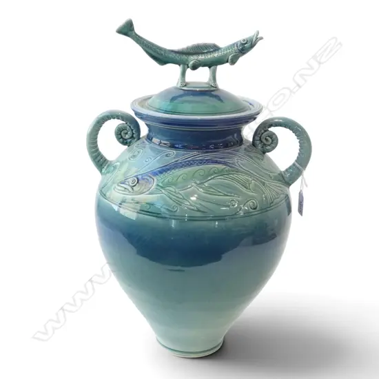 ALAN BALLARD STUDIO POTTERY LIDDED VASE w. FISH DESIGN H.490mm