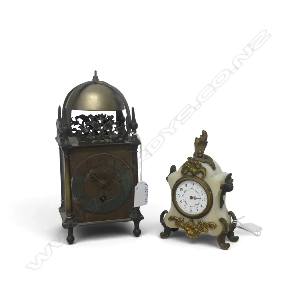ANTIQUE FRENCH CLOCK brass & alabaster, faults & LANTERN CLOCK H.240mm Image 1++