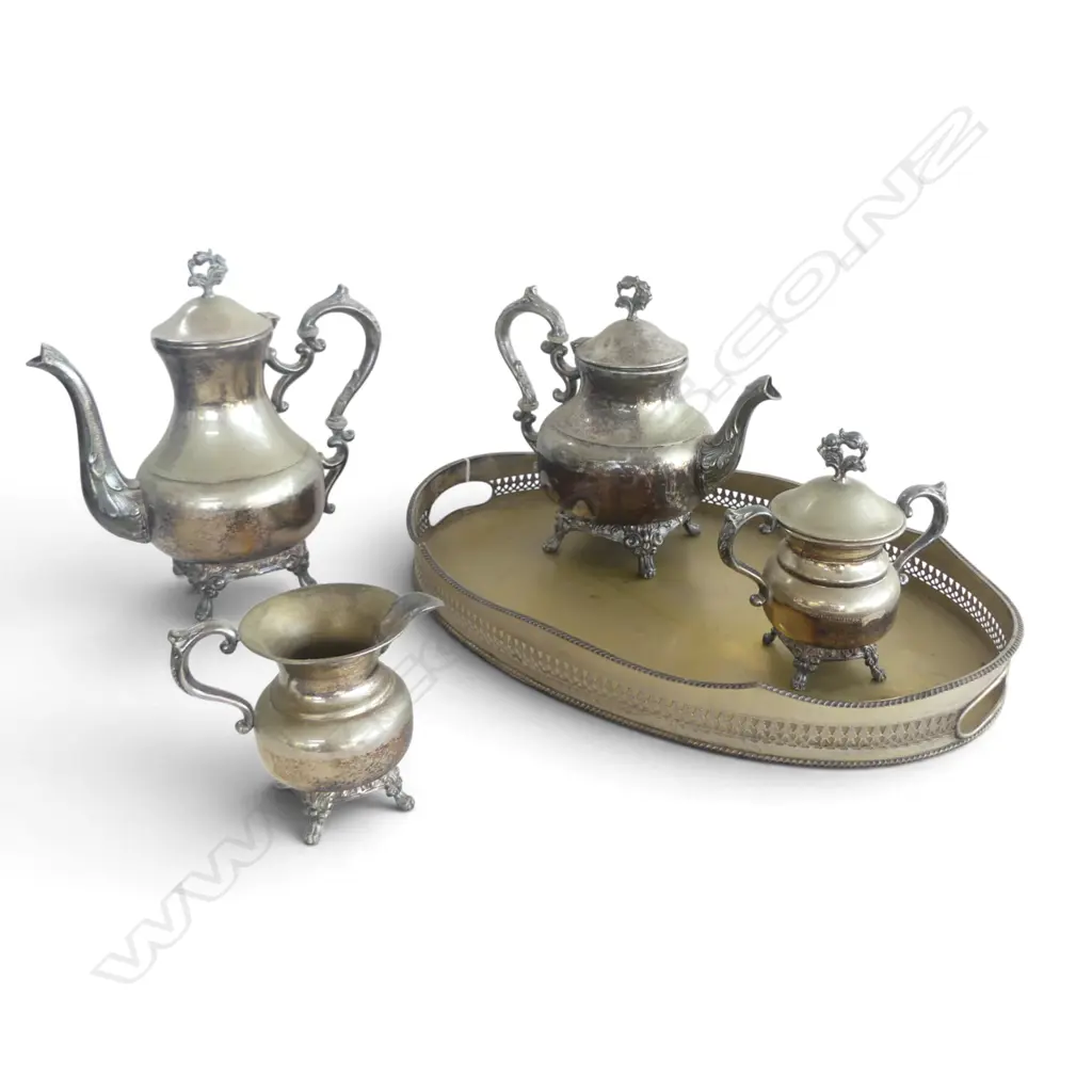 SILVER PLATE GALLERY TRAY & 4PC S/PLATE TEASET  Image 1++