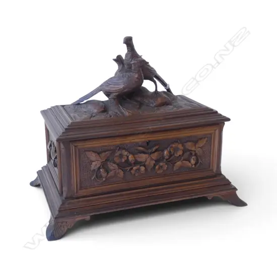 ANTIQUE TEA CADDY converted to JEWELLERY BOX carved panels w. pheasant finial 340x215x290mm