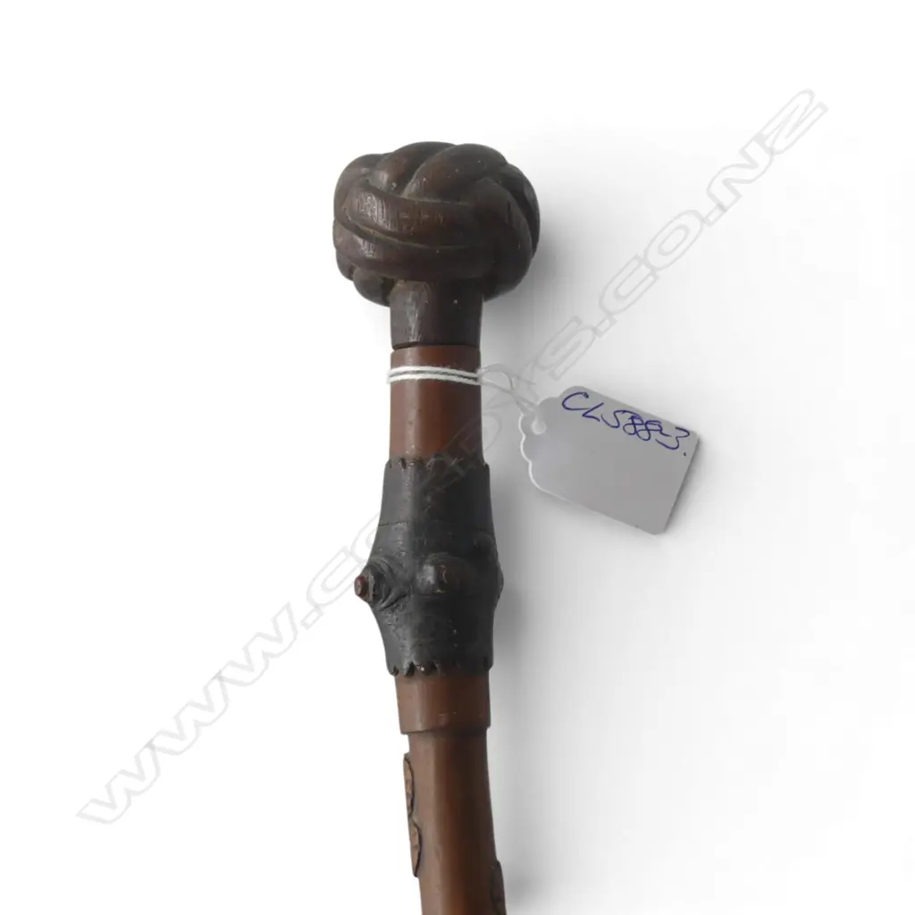 VICTORIAN CARVED WALKING STICK briar ? Thistle vine carved. Knotted top. Old repair Image 1++