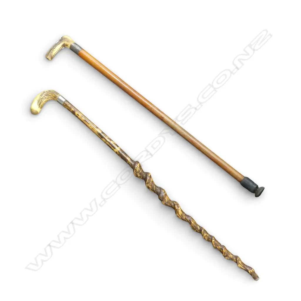 2 OLD ANTLER HANDLED WALKING STICKS: 1 w silver collar Image 1++