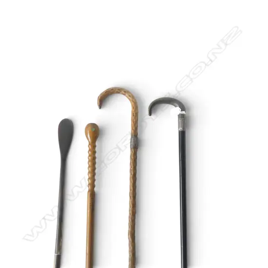3 WALKING STICKS + SHOE HORN two stg silver collars L.810mm