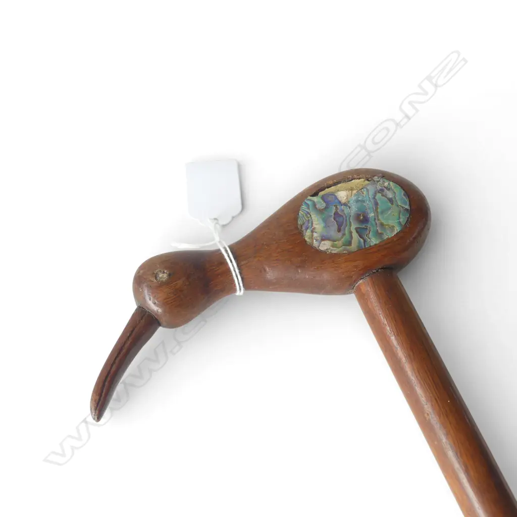 3 VINTAGE WALKING STICKS: KIWI handle paua faulted + chequered native woods + pewter dog head faulted Image 1++
