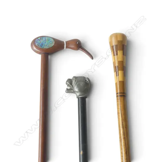 3 VINTAGE WALKING STICKS: KIWI handle paua faulted + chequered native woods + pewter dog head faulted