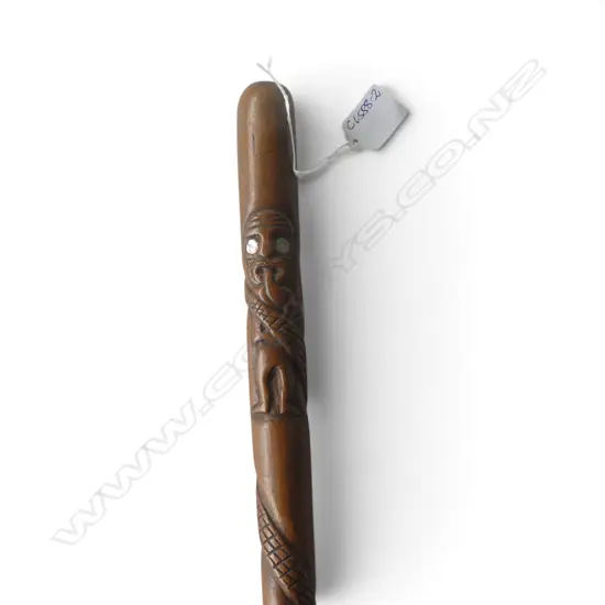 VINTAGE MAORI CARVED WALKING STICK full figure + entwined snake