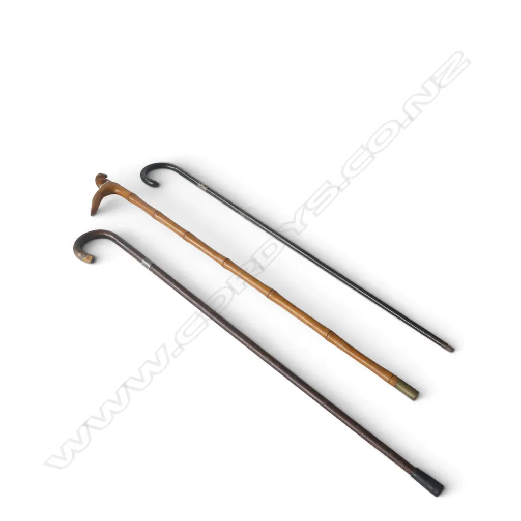 3 VINTAGE WALKING STICKS: 2 SILVER MOUNTED + 1 faux bamboo w monkey Image 1++