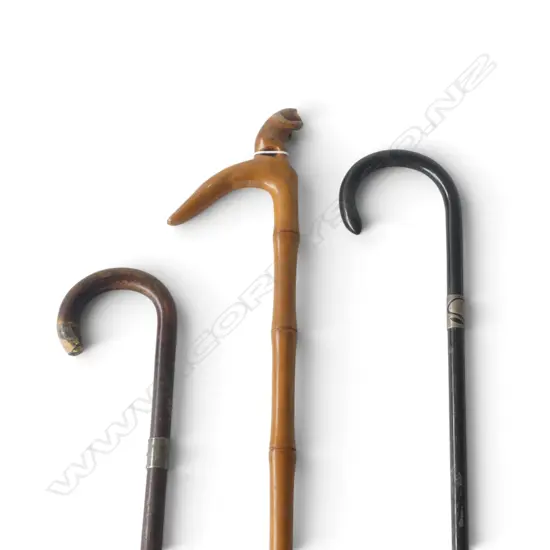3 VINTAGE WALKING STICKS: 2 SILVER MOUNTED + 1 faux bamboo w monkey