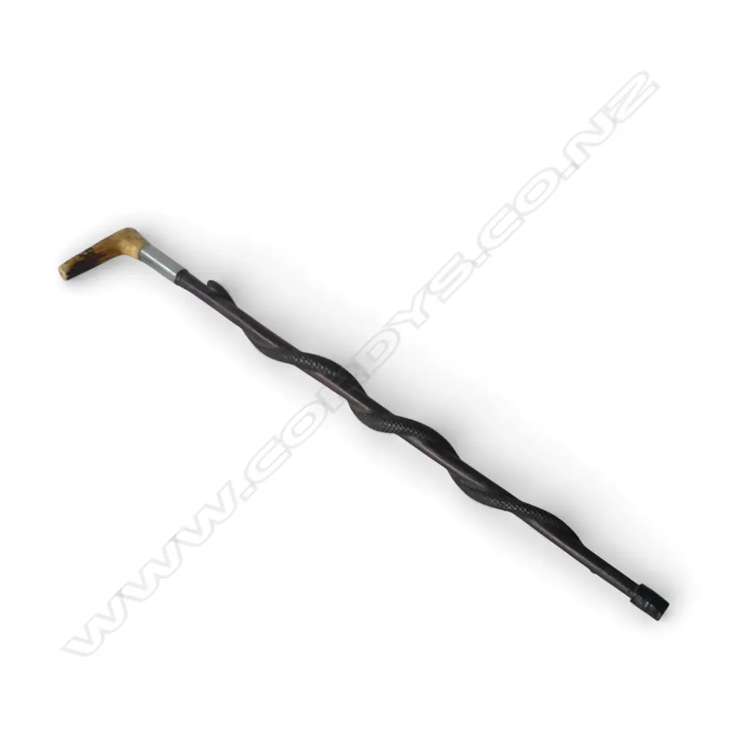 VINTAGE HEAVY HARDWOOD WALKING STICK antler w 3 d carved snake Image 1++