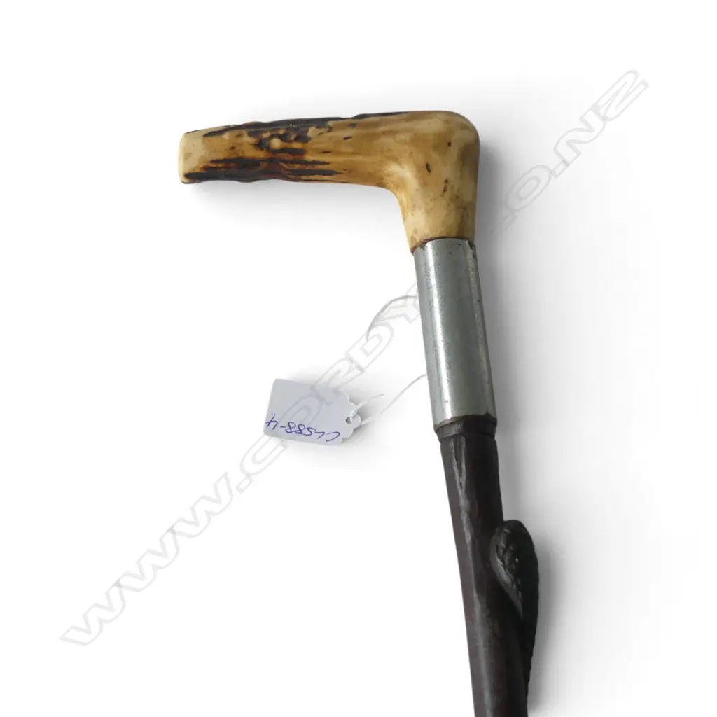 VINTAGE HEAVY HARDWOOD WALKING STICK antler w 3 d carved snake Image 1++