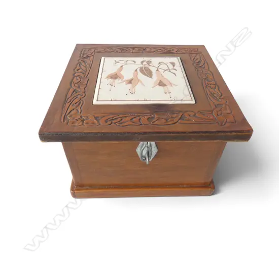 ART & CRAFT JEWELLERY BOX, EMBOSSED LEATHER , CERAMIC AND WOOD, 140 X 200 X 200MM