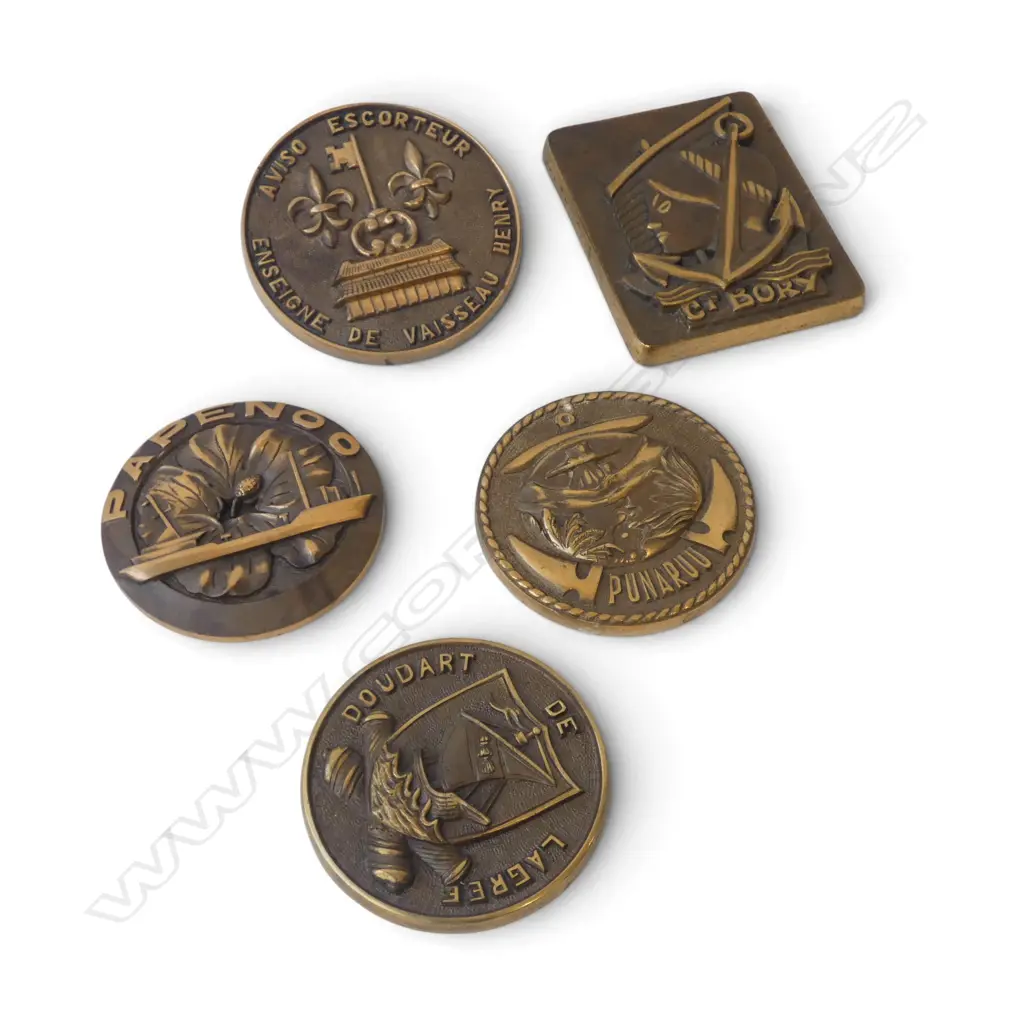 5 VINTAGE 1970-1990's FRENCH BRASS NAVAL TAMPIONS/PLAQUES Image 1++