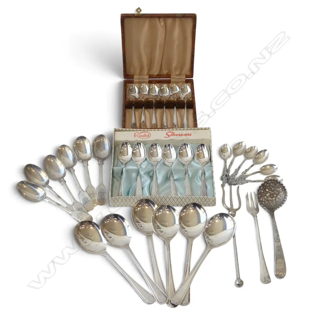 ASST SILVER PLATE CUTLERY + GEORGIAN STG SILVER SIFTER SPOON L.170mm 44gms Image 1++