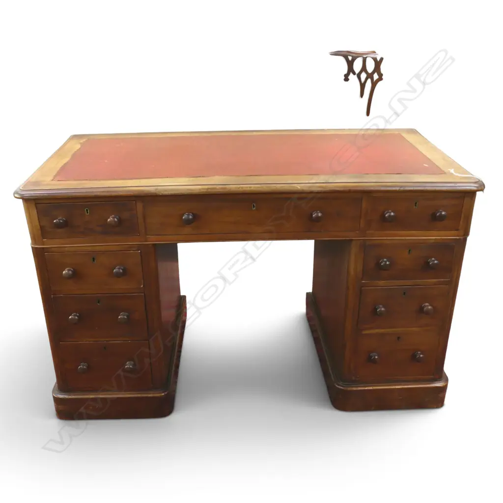 VICTORIAN MAHOGANY TWIN PEDESTAL DESK red inset top knob handles. 1210 x 600 x 760mm. Image 1++