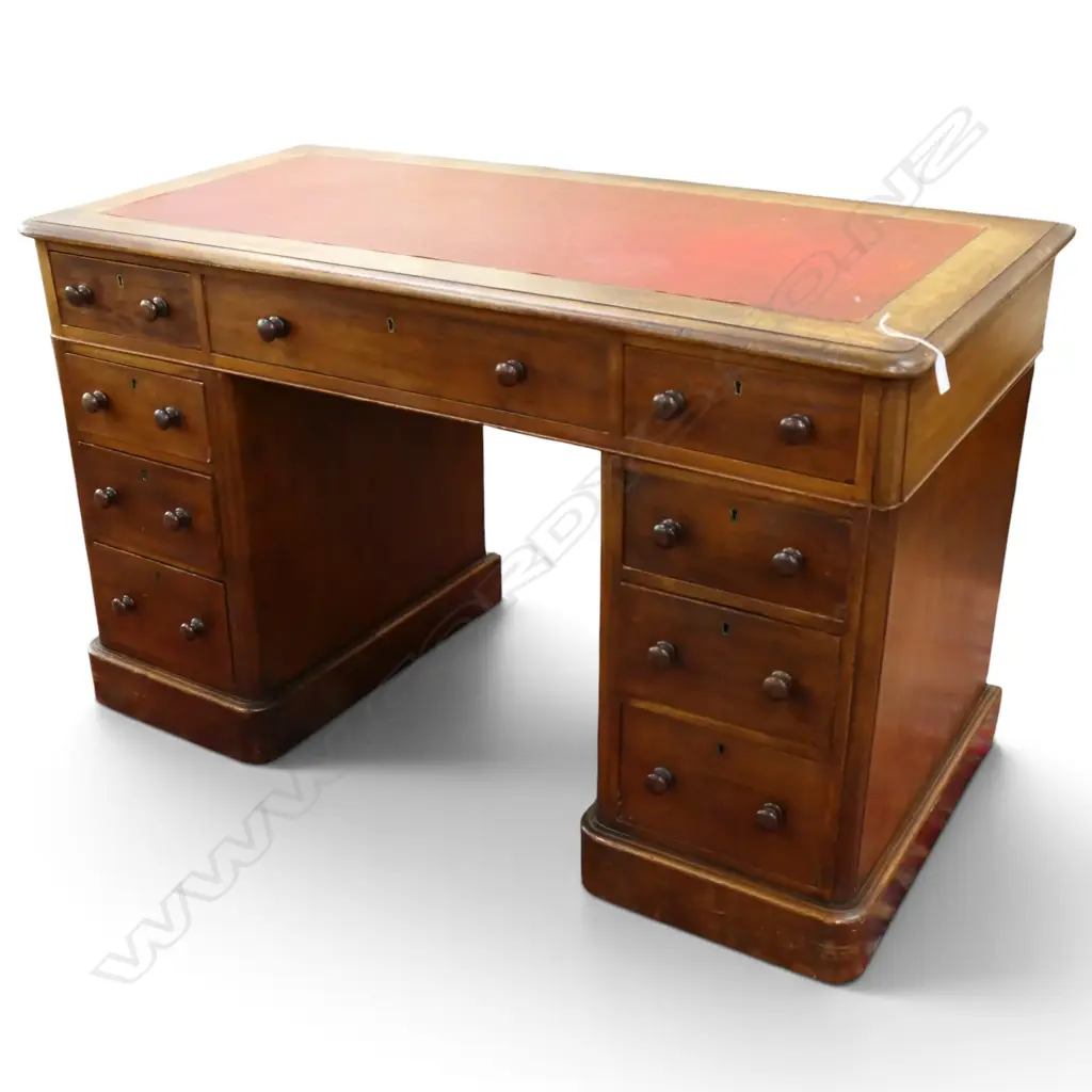 VICTORIAN MAHOGANY TWIN PEDESTAL DESK red inset top knob handles. 1210 x 600 x 760mm. Image 1++
