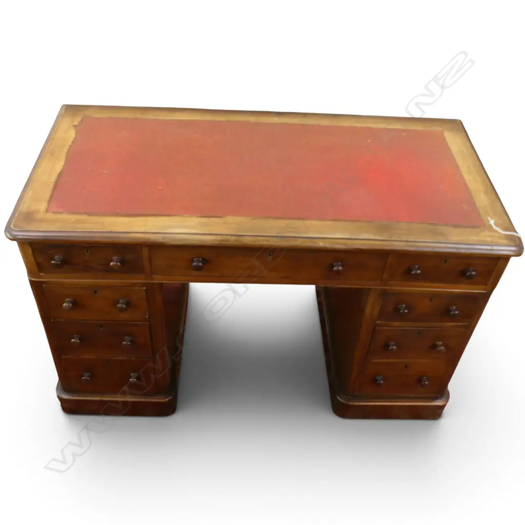 VICTORIAN MAHOGANY TWIN PEDESTAL DESK red inset top knob handles. 1210 x 600 x 760mm. Image 1++