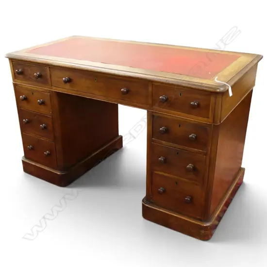 VICTORIAN MAHOGANY TWIN PEDESTAL DESK red inset top knob handles. 1210 x 600 x 760mm.
