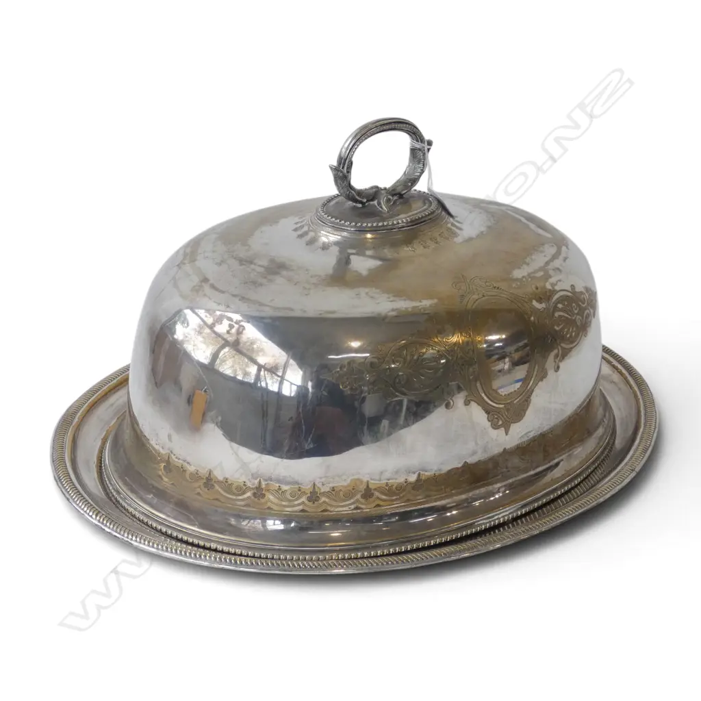 LG ANTIQUE SILVER PLATE FOOD DOME + PLATTER W.600mm Image 1++