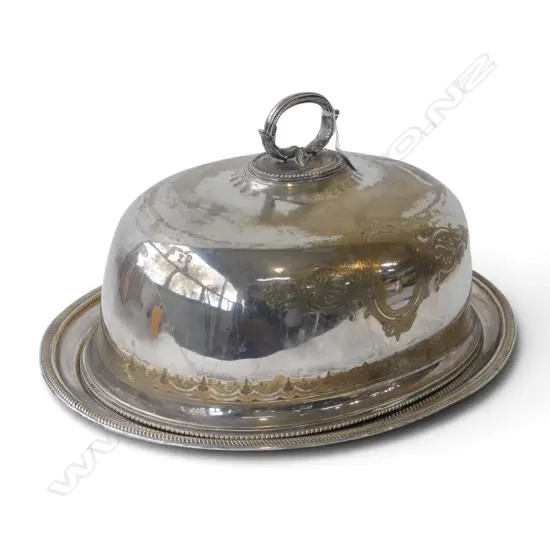 LG ANTIQUE SILVER PLATE FOOD DOME + PLATTER W.600mm