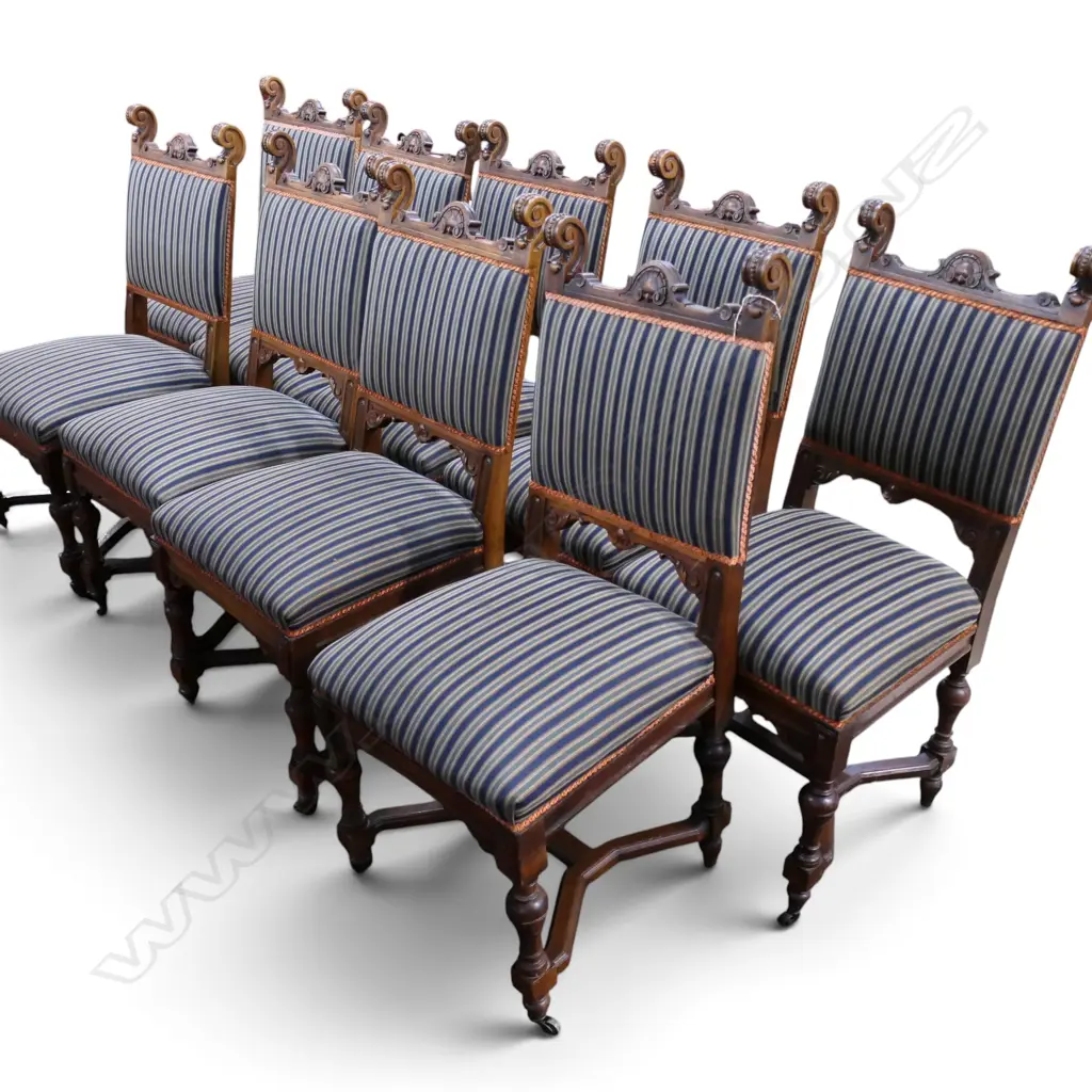 9 LATE 19thC CARVED MAHOGANY DINING CHAIRS w. scrolling finials H.1010mm Image 1++