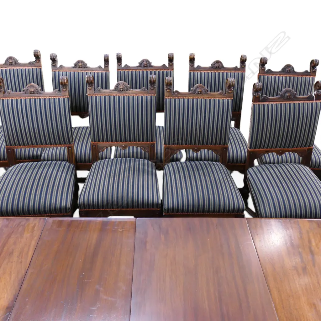 9 LATE 19thC CARVED MAHOGANY DINING CHAIRS w. scrolling finials H.1010mm Image 1++