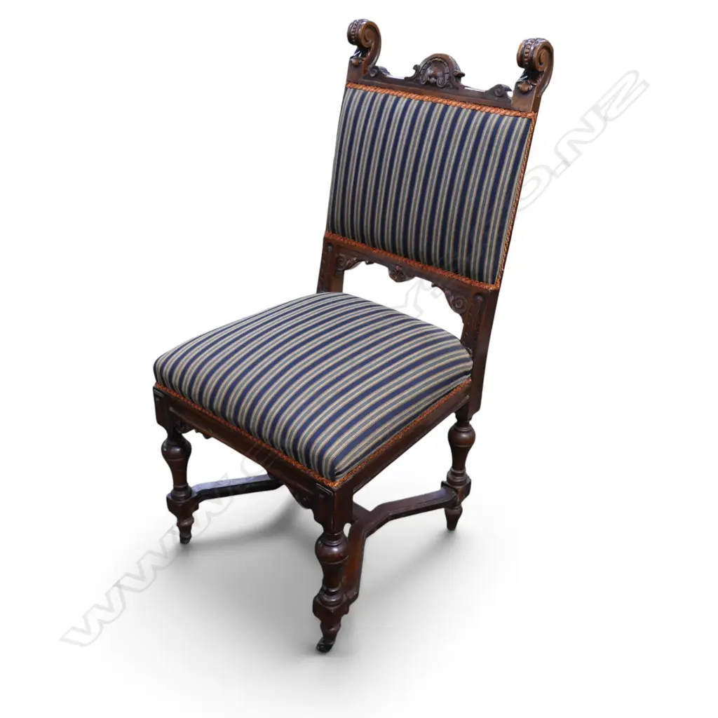 9 LATE 19thC CARVED MAHOGANY DINING CHAIRS w. scrolling finials H.1010mm Image 1++