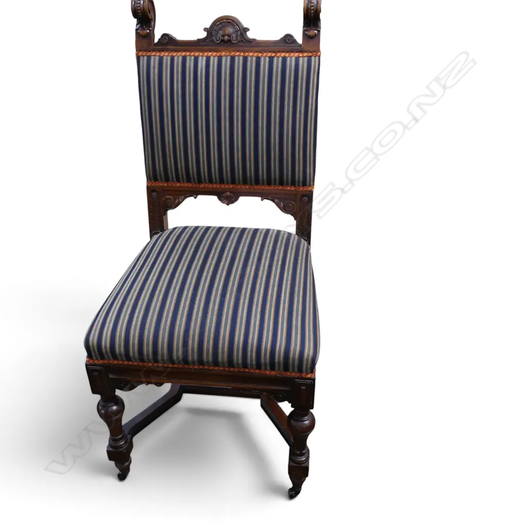 9 LATE 19thC CARVED MAHOGANY DINING CHAIRS w. scrolling finials H.1010mm Image 1++