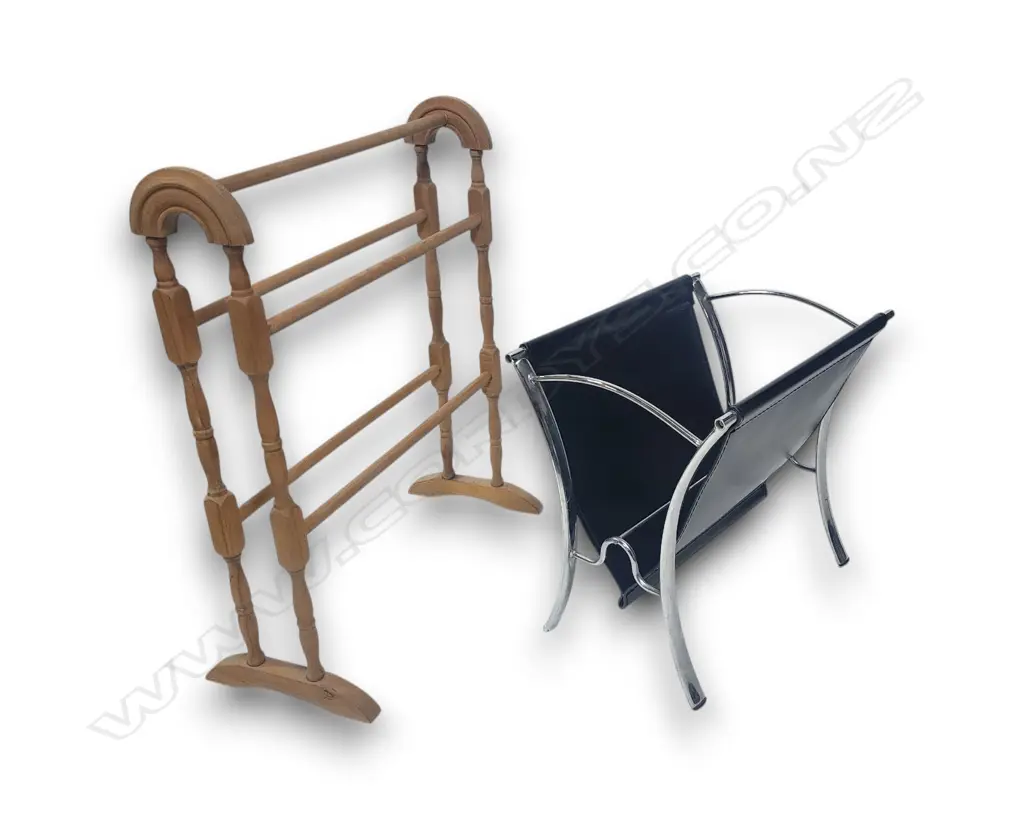 WOODEN TOWEL RAIL (800H x 600L x 300D mm), MODERN BLACK LEATHER AND CHROME SLING MAGAZINE RACK 500H x 500L x 400D mm Image 1++