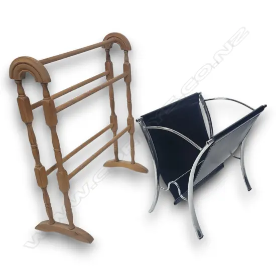 WOODEN TOWEL RAIL (800H x 600L x 300D mm), MODERN BLACK LEATHER AND CHROME SLING MAGAZINE RACK 500H x 500L x 400D mm