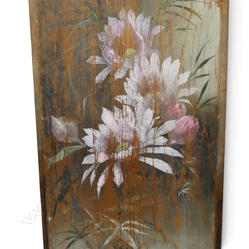 ANTIQUE FLORAL PAINTING ON WOODEN PANEL 835x355mm Image 1++