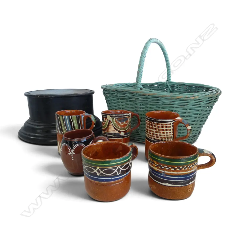 WOODEN STAND + BASKET w. MEXICAN POTTERY CUPS ETC Image 1++