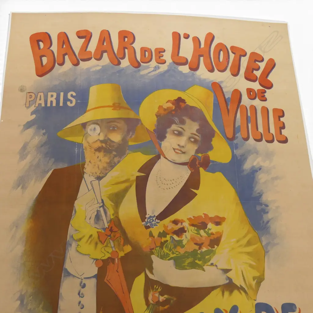 LARGE VINTAGE FRENCH LITHOGRAPH POSTER 'BAZAR DE L'HOTEL DE VILLE' linen backed 1600 x 1200mm Image 1++