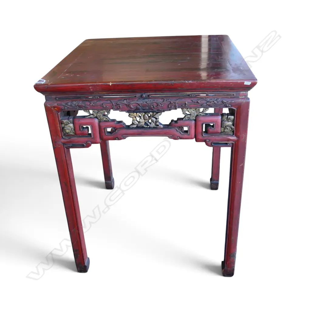 ANTIQUE CHINESE RED LAQUERED CARVED SQUARE TABLE 1 LEG AF H920 W720MM Image 1++