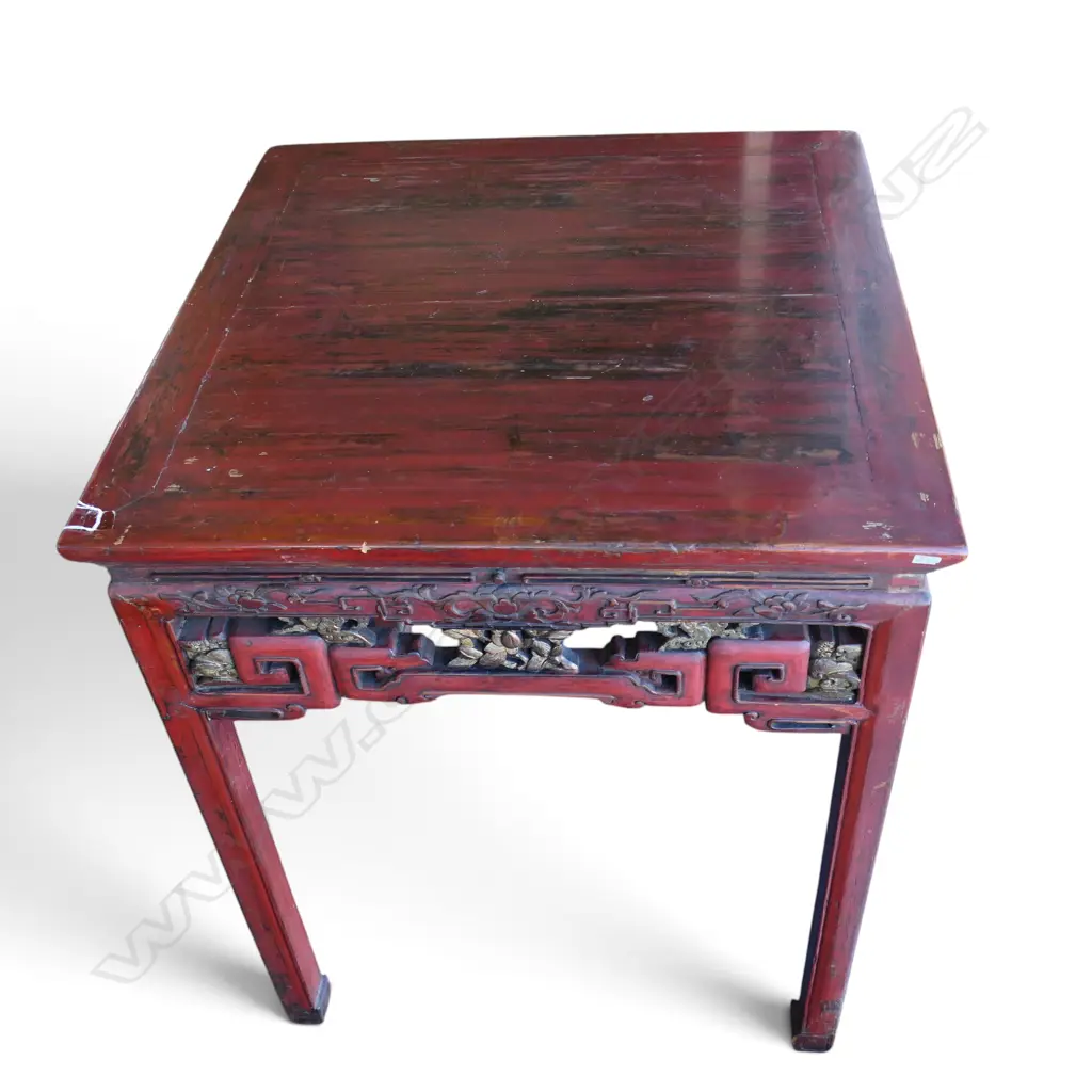 ANTIQUE CHINESE RED LAQUERED CARVED SQUARE TABLE 1 LEG AF H920 W720MM Image 1++