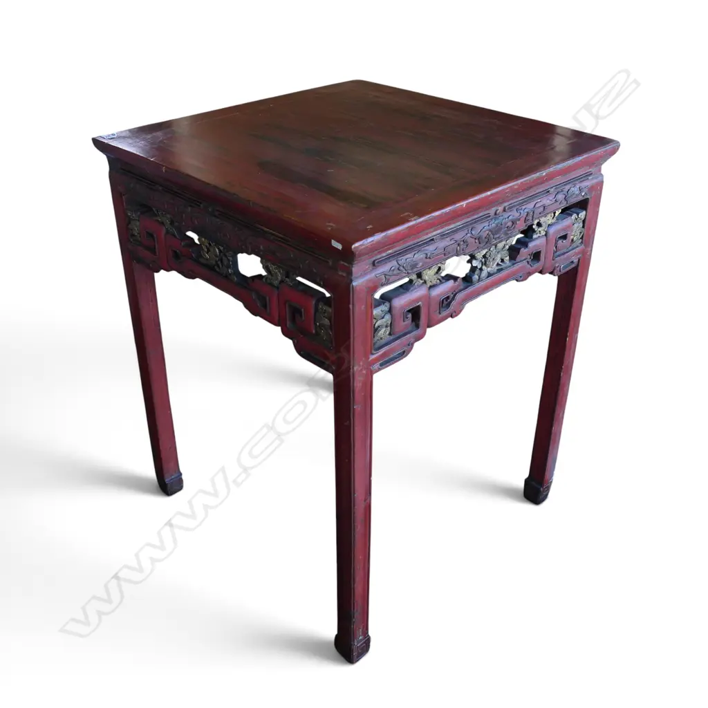 ANTIQUE CHINESE RED LAQUERED CARVED SQUARE TABLE 1 LEG AF H920 W720MM Image 1++
