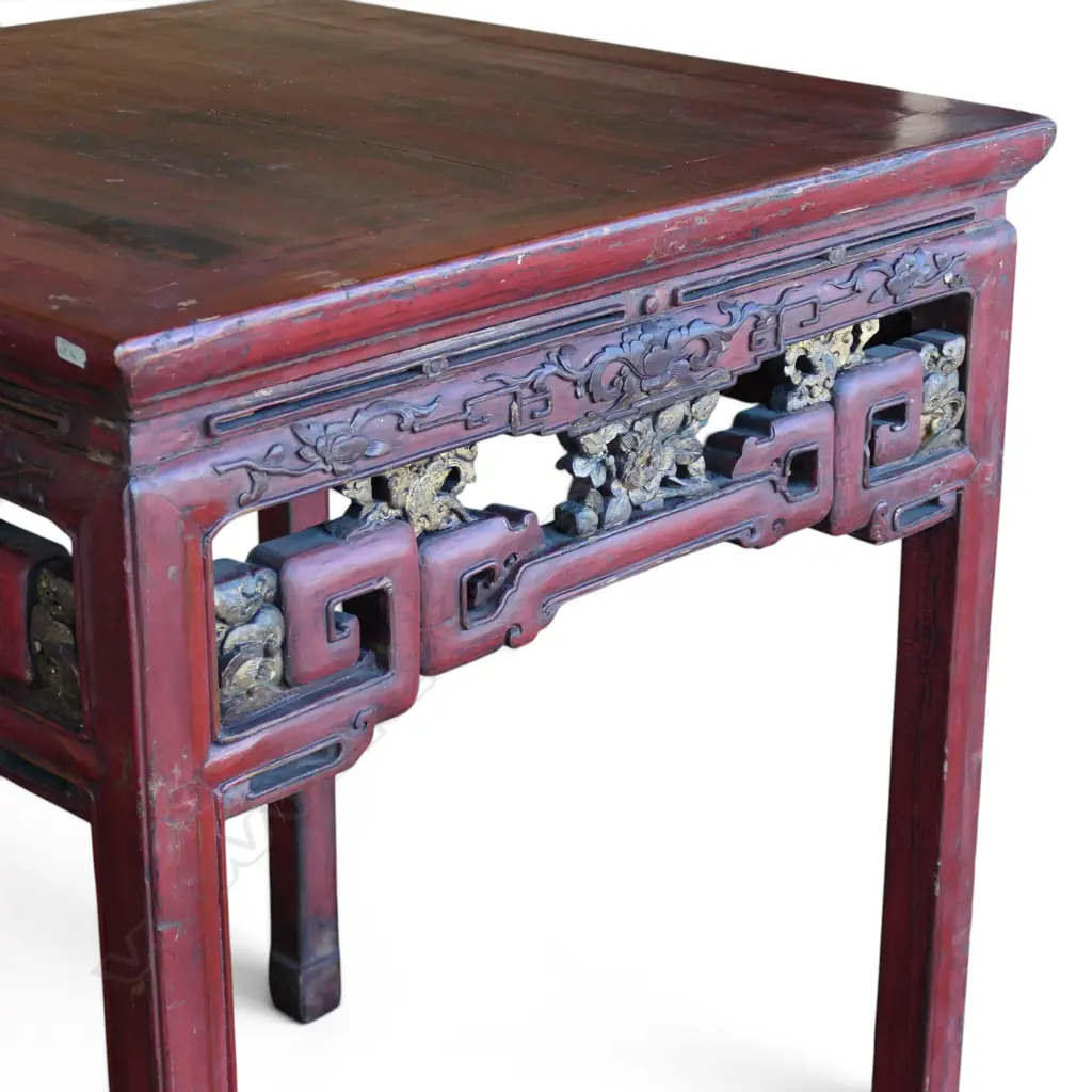 ANTIQUE CHINESE RED LAQUERED CARVED SQUARE TABLE 1 LEG AF H920 W720MM Image 1++