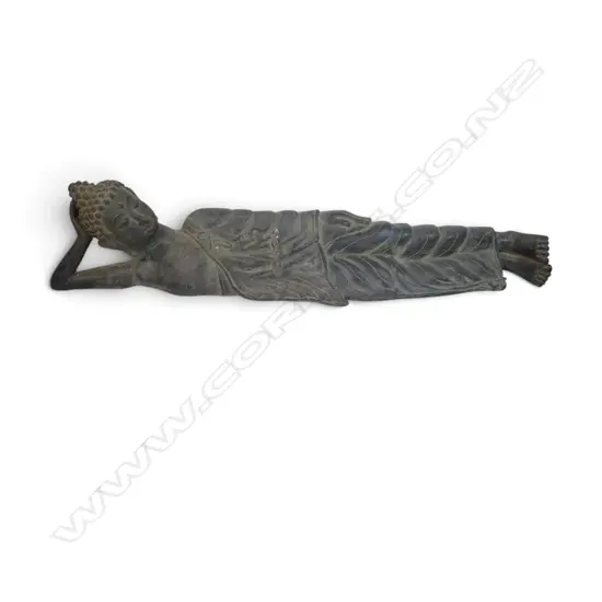 IMPRESSIVE SOUTHEAST ASIAN CAST BRONZED RECLINING BUDDHA (FINAL MOMENTS BEFORE ENTERING NIRVANA). L.900M X 210MM