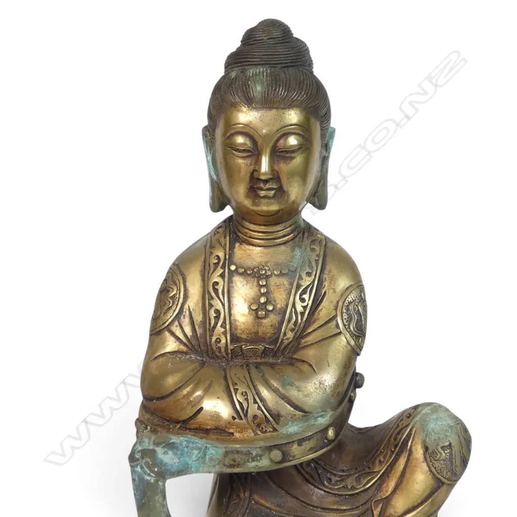 CHINESE GILDED FINISHED BRASS SCULPTURE OF GUANYIN,GODDESS OF COMPASSION, MARK  TO THE BACK, SOME OXIDATION, 160 X 270MM Image 1++