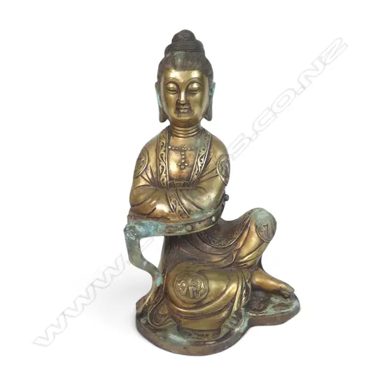 CHINESE GILDED FINISHED BRASS SCULPTURE OF GUANYIN,GODDESS OF COMPASSION, MARK  TO THE BACK, SOME OXIDATION, 160 X 270MM